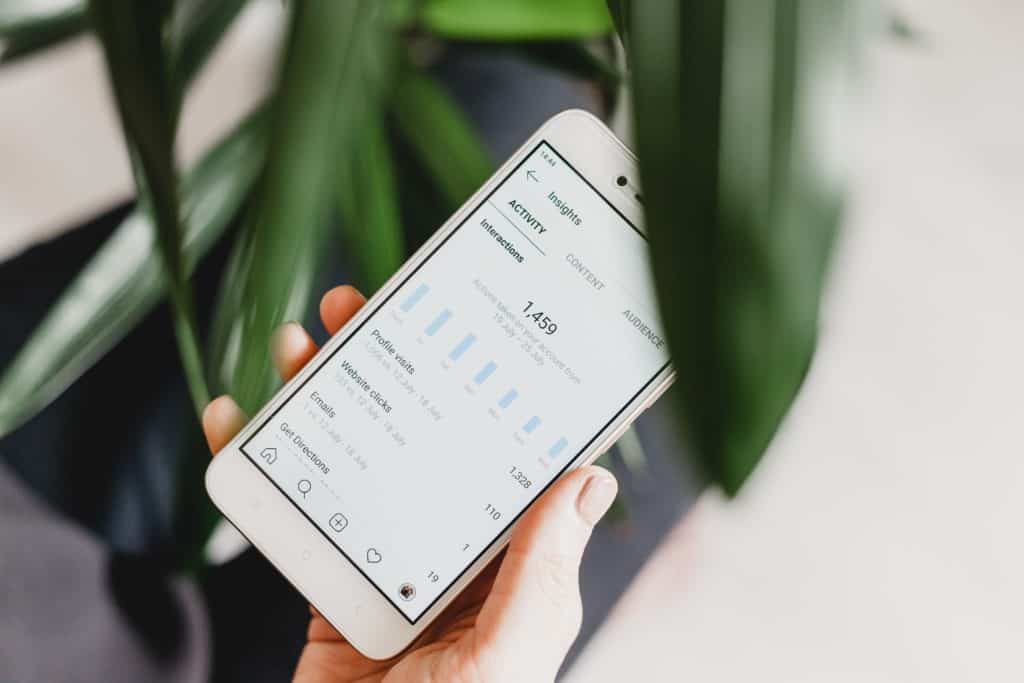 Iphone avec Instagram et des statistiques avec fond de plantes